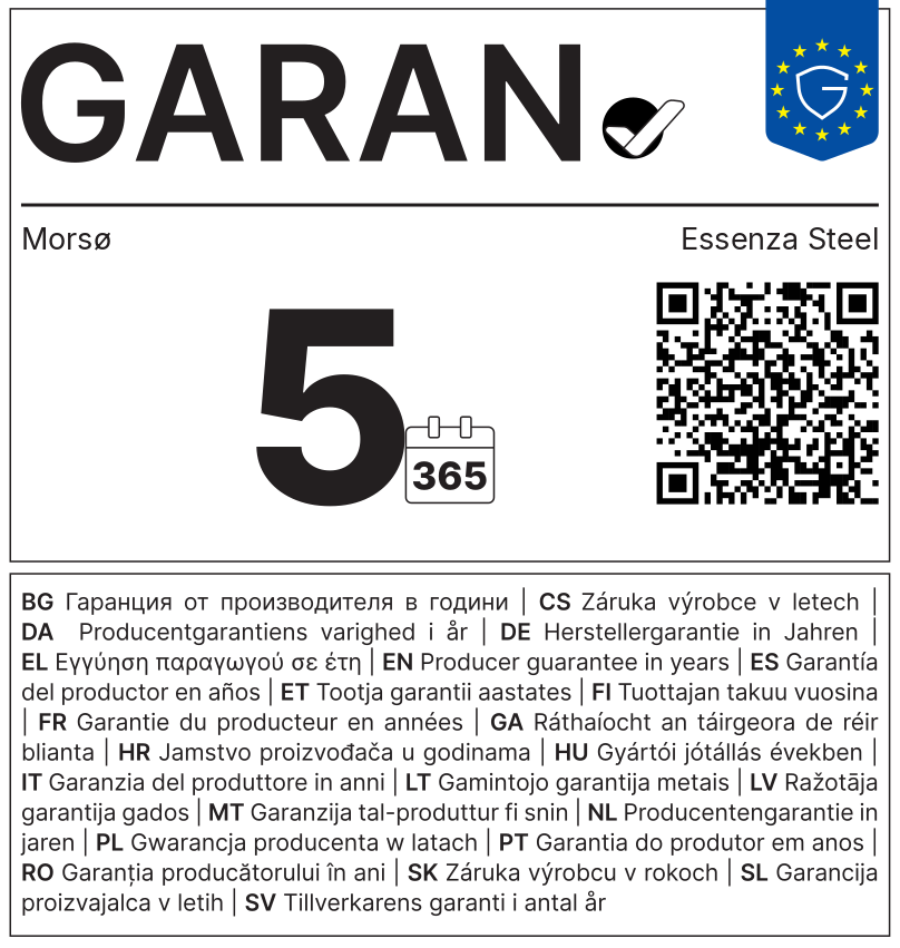 Label européen GARAN : garantie du producteur de 5 ans, Morsø, Essenza Steel