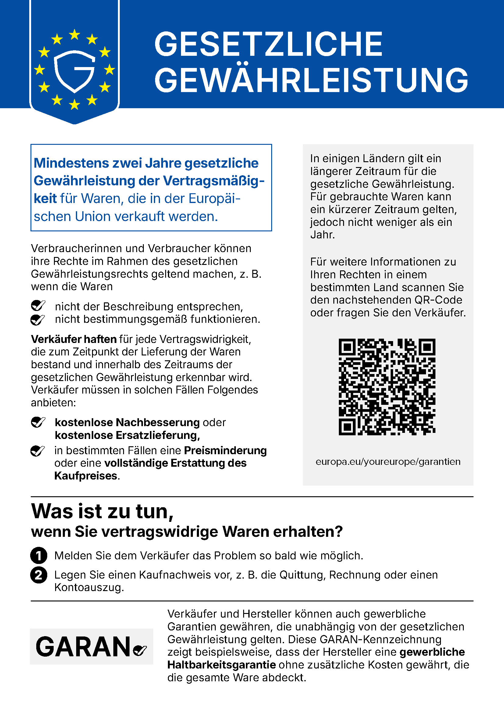 EU-Hinweis zur gesetzlichen Garantie: In der Europäischen Union verkaufte Waren haben eine gesetzliche Garantie von mindestens zwei Jahren.
