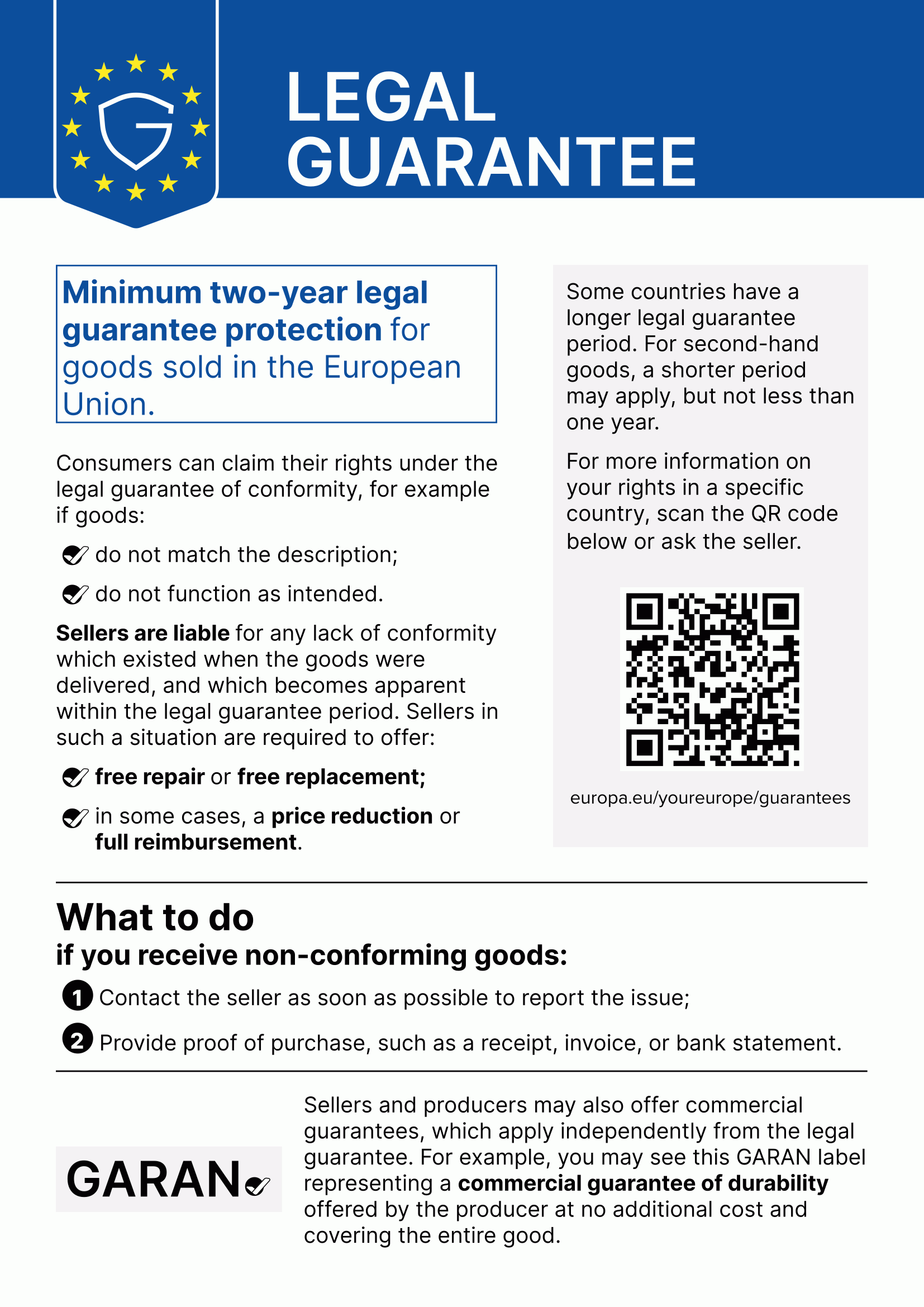 EU notice on the legal guarantee: goods sold in the European Union have a legal guarantee of at least two years.